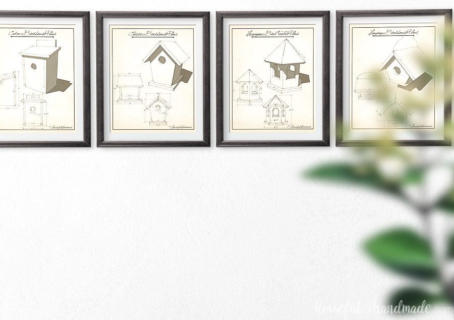 Horizontal picture with 4 vintage birdhouse plans art in frames.