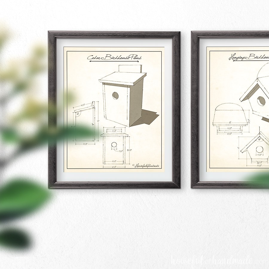 Two frames with vintage birdhouse plans art in them on a wall.