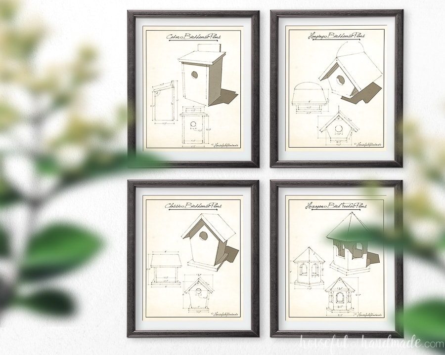 Four printable spring art prints made to look like vintage build plans of birdhouses.