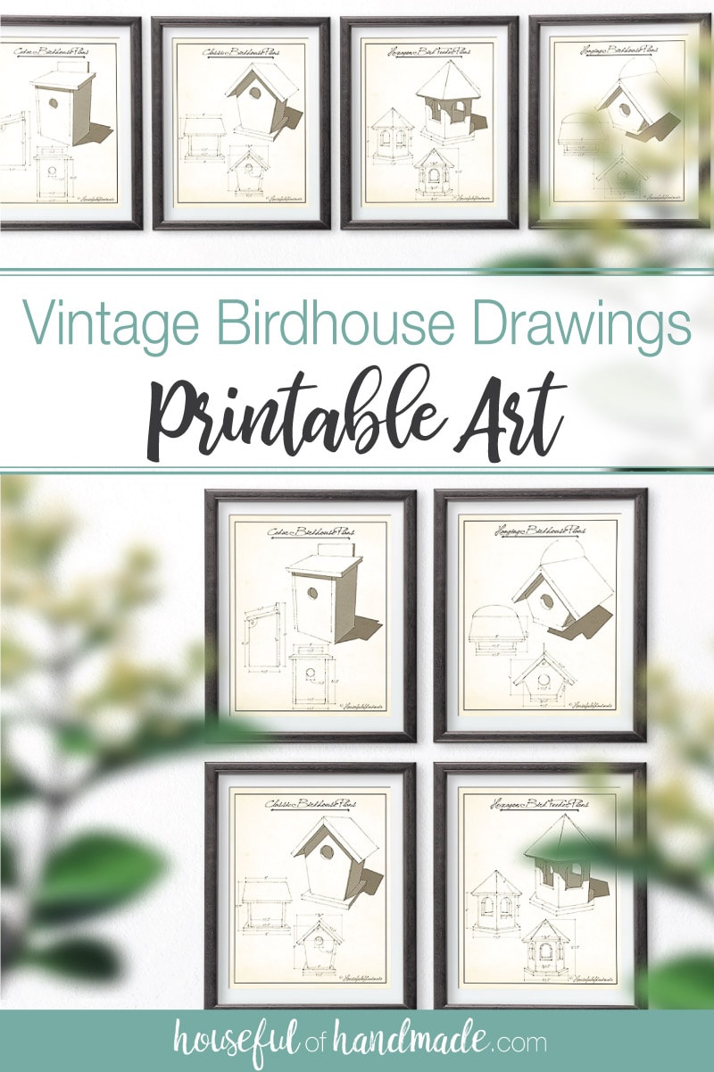 Vintage birdhouse drawings as printable art.