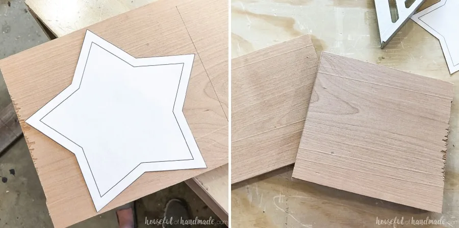 Star template on a piece of wood to measure for size and two pieces of wood cut for the star bowl