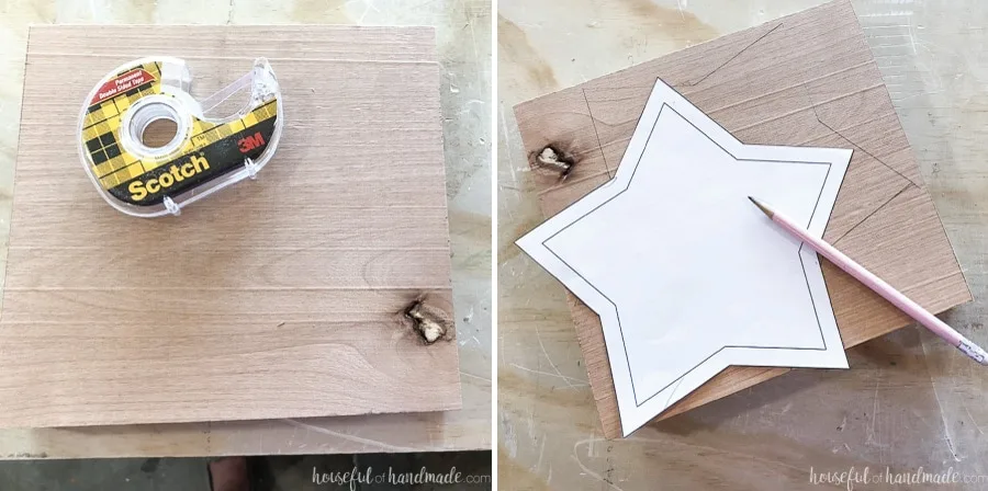 The two boards stuck together with double sided tape and then with the star template traced on top