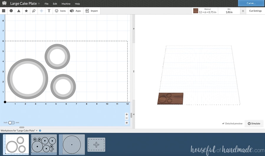 Screen shot of the Easel software opened with the large cake plate design. 