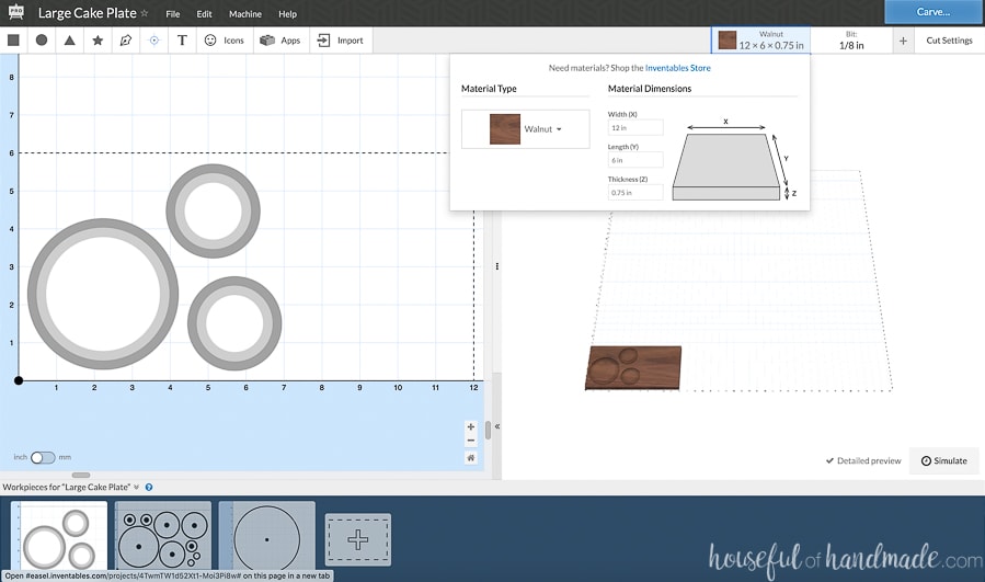 Screen shot of the Inventables Easel software with the materials panel open. 