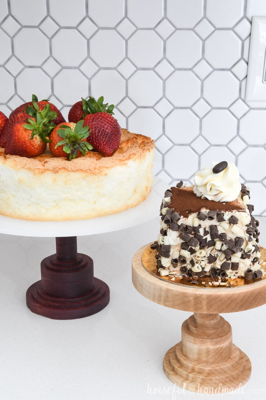 DIY wood cake stands made out of Tiger Maple and Purple Heart with acrylic top holding cakes.