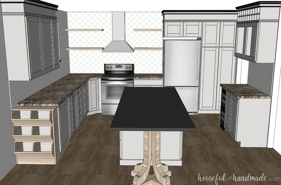 Straight on view of a 3D rendering of the modern kitchen on a budget. 