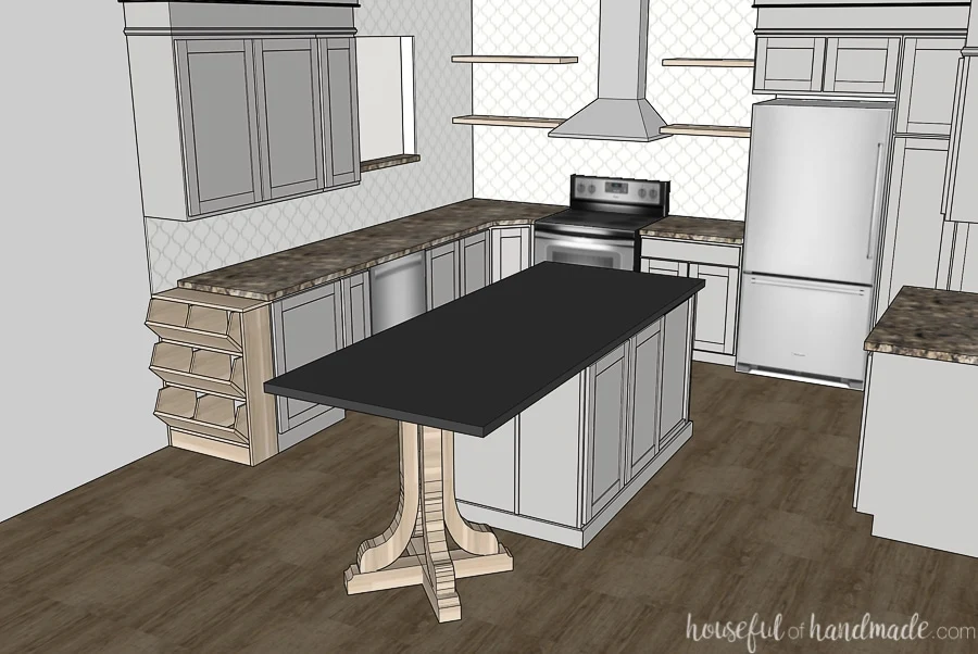 Kitchen remodel sketch of kitchen with gray cabinets, black granite island, open shelves around the stove and wood flooring. 