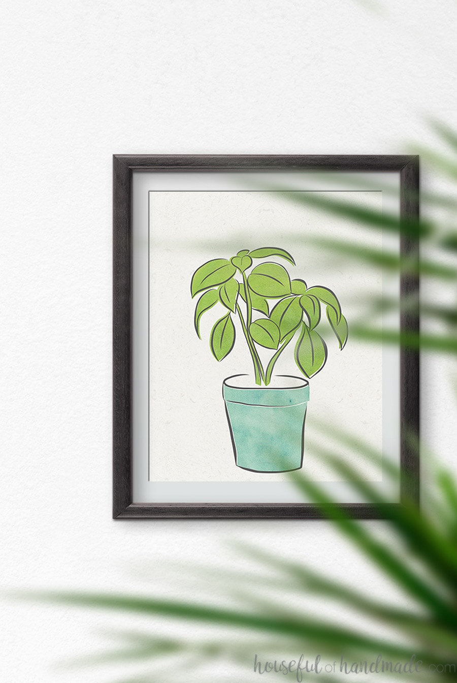 Drawing of basil in a blue pot in a frame. 