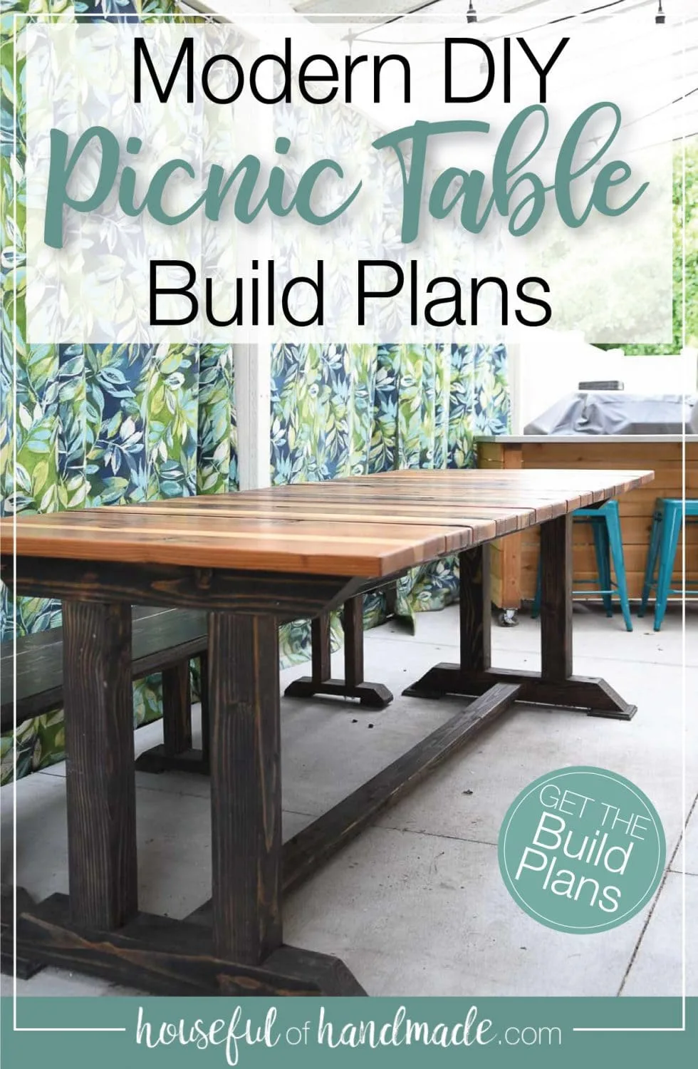 Completed DIY picnic table with redwood top and text overlay: Modern DIY Picnic Table Build Plans.