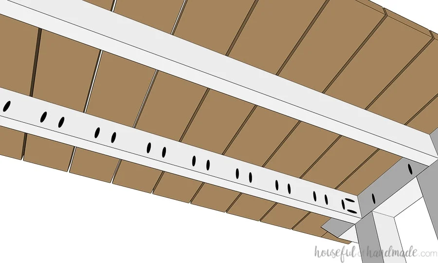 Underside view of the top slats being attached to finish the picnic table plans.