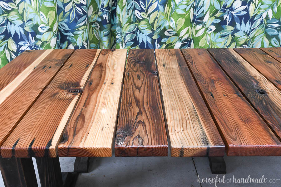 wood picnic table top view