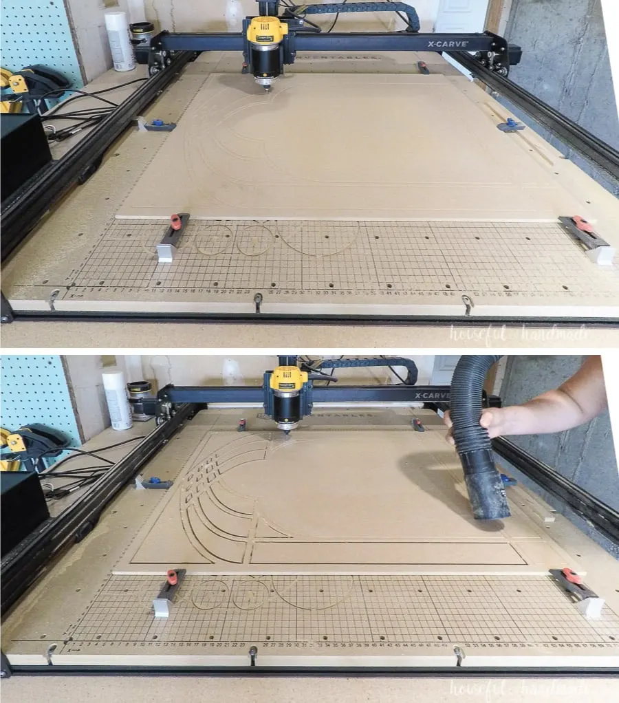 The X-carve cutting the window frame mirror panel and carving the chamfer edge. 