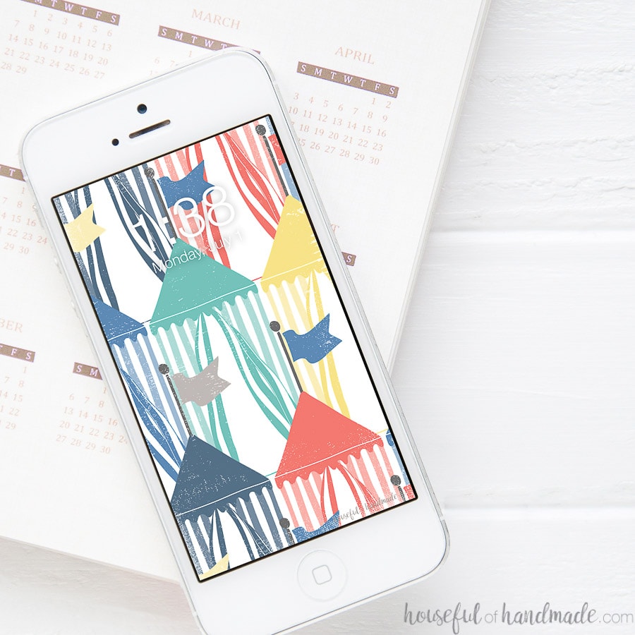 Colorful beach hut digital backgrounds on a smartphone.