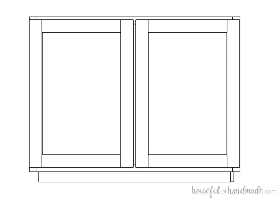 3D drawing of a large cabinet with double doors. 