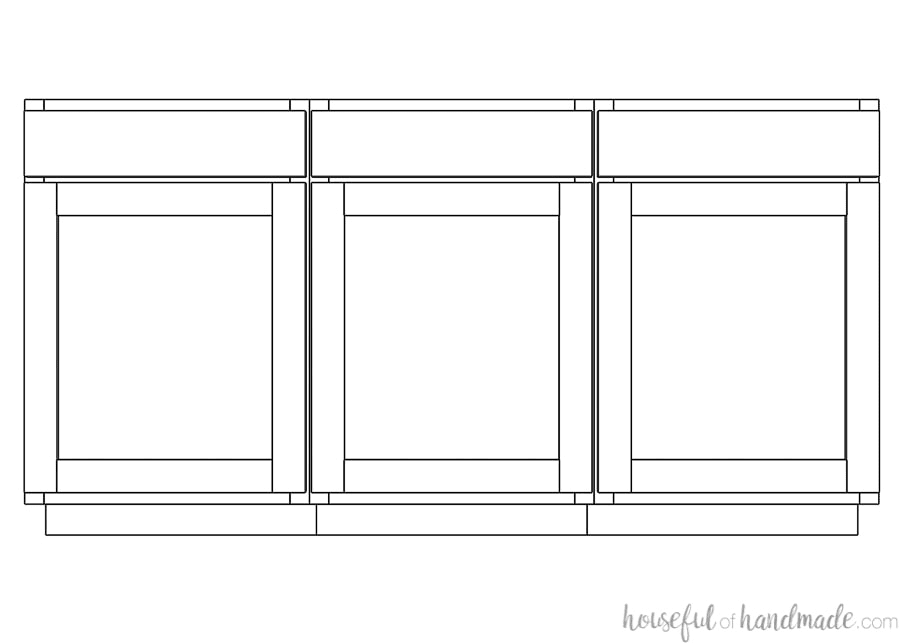 3D sketch of three cabinets in a row with 1 1/4" overlay showing the reveal between the doors. 