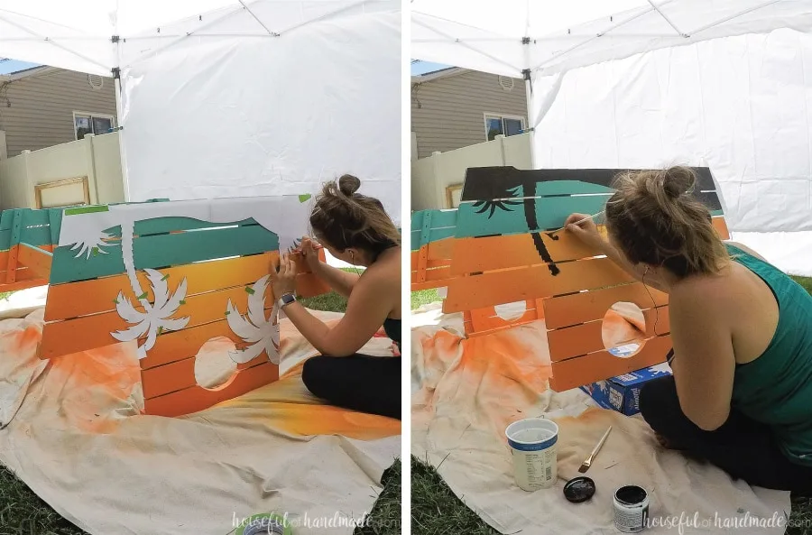 Tracing the template on the picnic table and then painting the palm trees. 