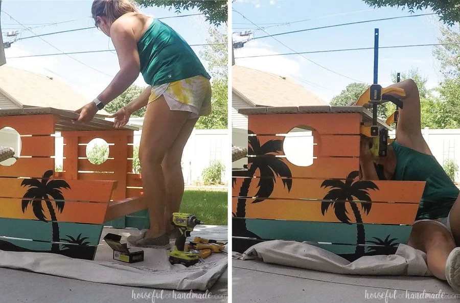 Attaching the decking boards for the table top and seats on the kids wooden picnic table.