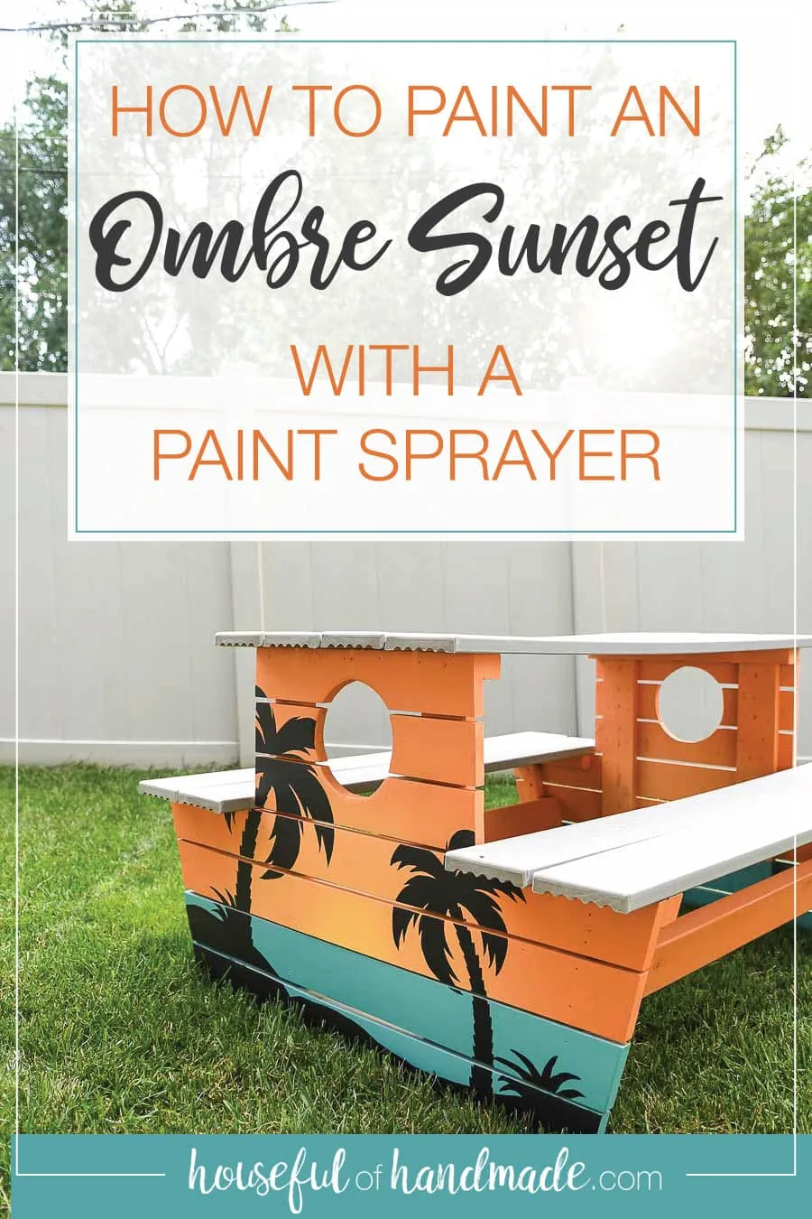 Picnic table painted with an ombre sunset with palm trees over the top with words: How to Paint an Ombre Sunset with a Paint Sprayer in it. 