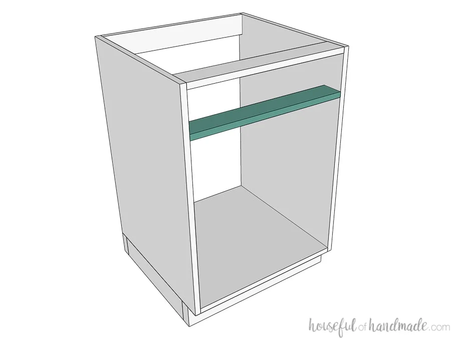 3D drawing of frameless cabinet with support for adding a top drawer.