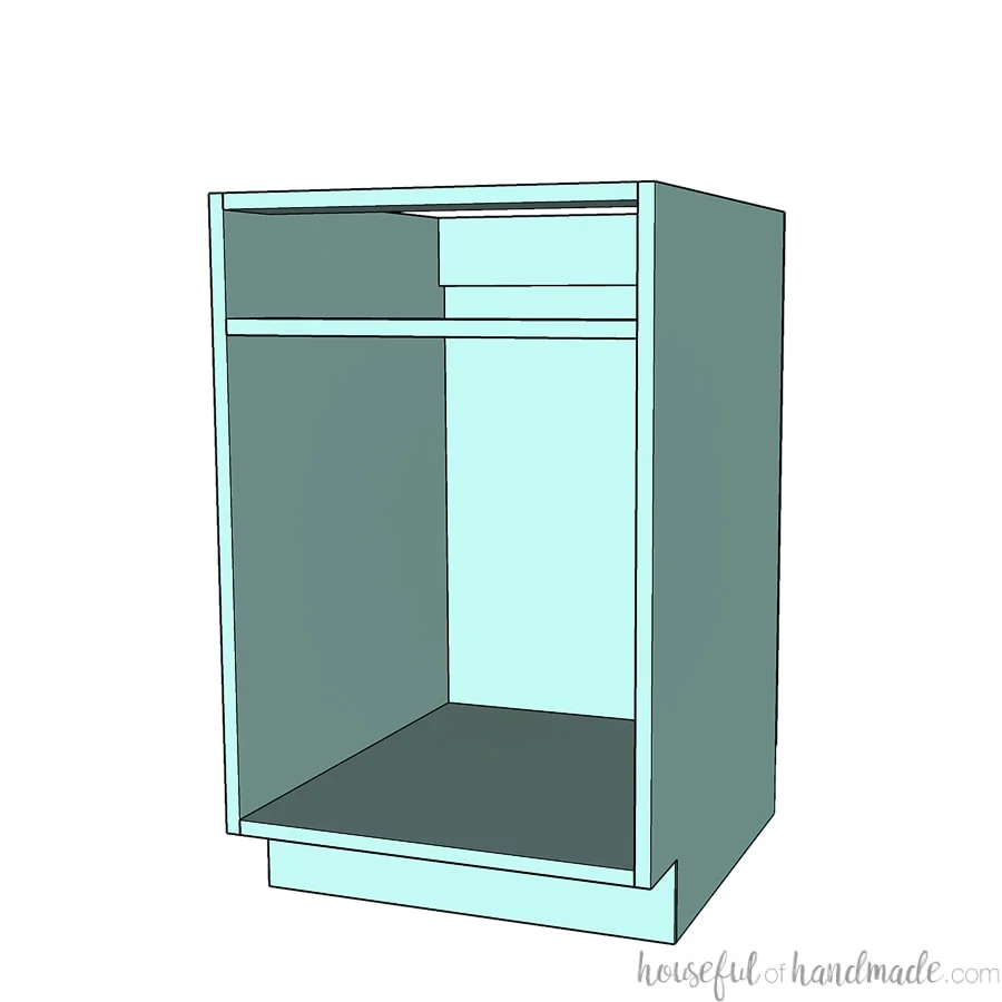 3D drawing of a frameless base cabinet.