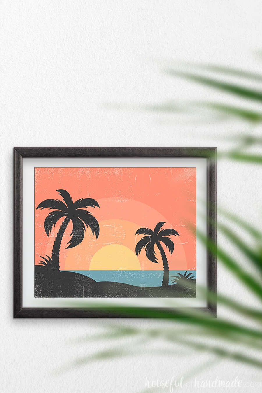 Horizontal tropical art with 2 palm trees looking over the ocean sunset. 