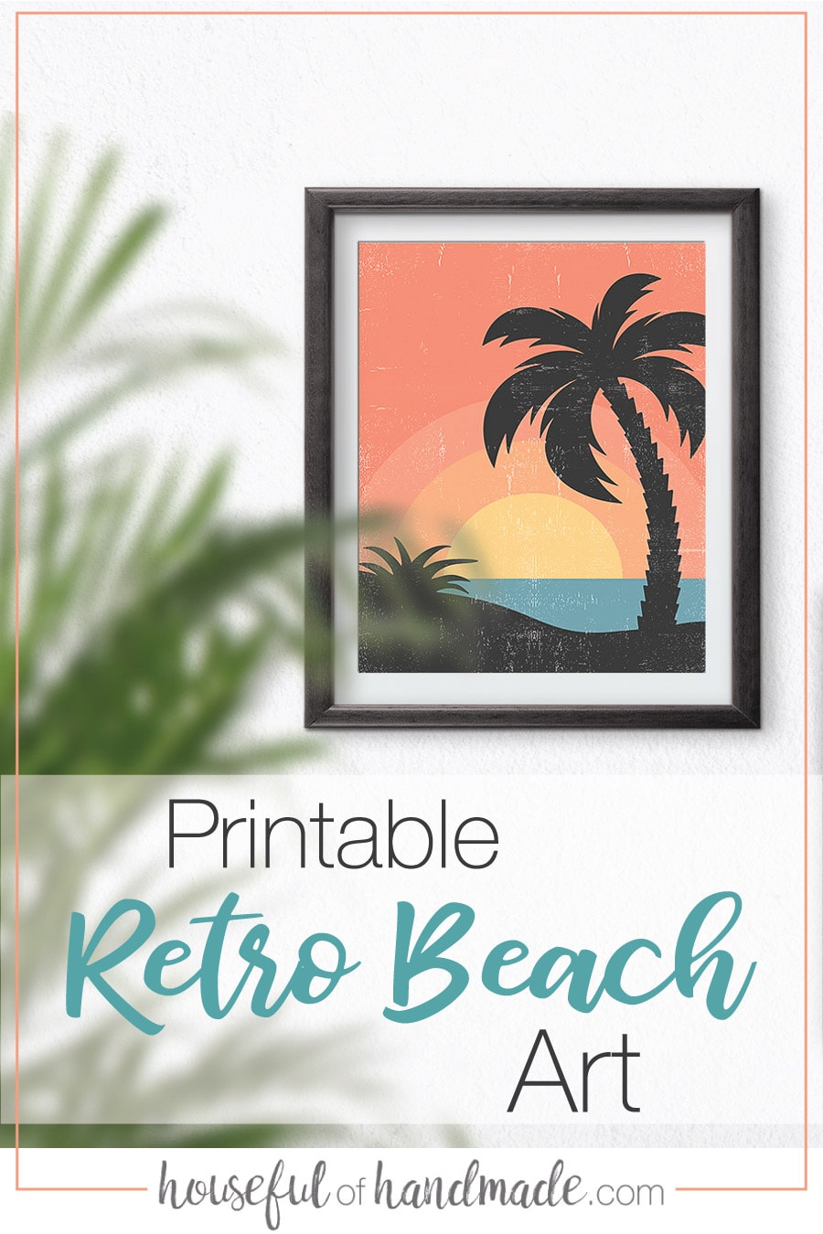 Printable retro beach art with palm trees looking over an ocean sunset. 