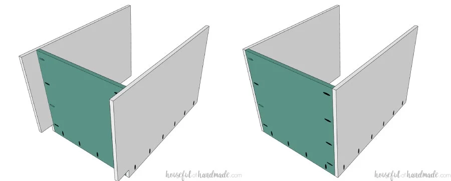 3D drawings showing attaching the bottom of the base cabinet either with or without a toe kick cut in.