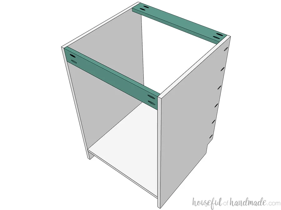 3D drawing of the drawer base cabinet carcass with the support pieces installed.