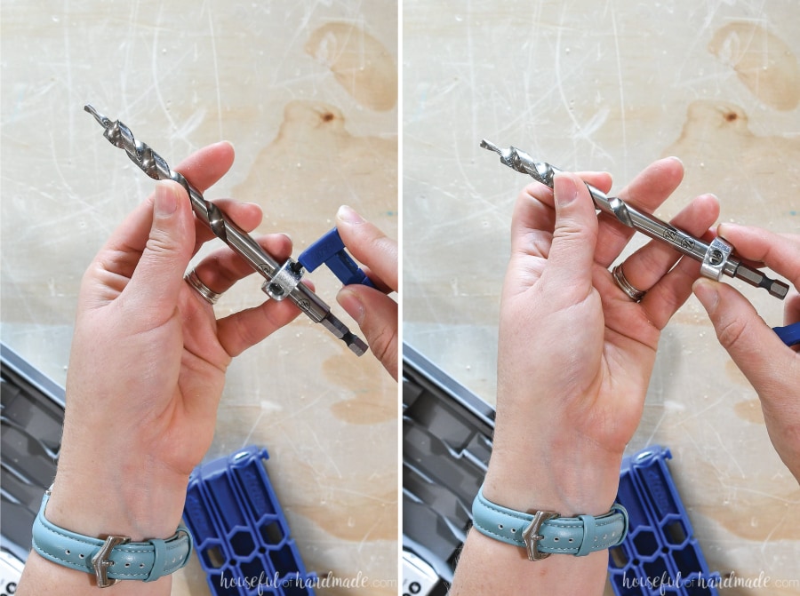 Two pictures showing how to loosen and tighten the stop collar on the Kreg pocket hole jig drill bit. 