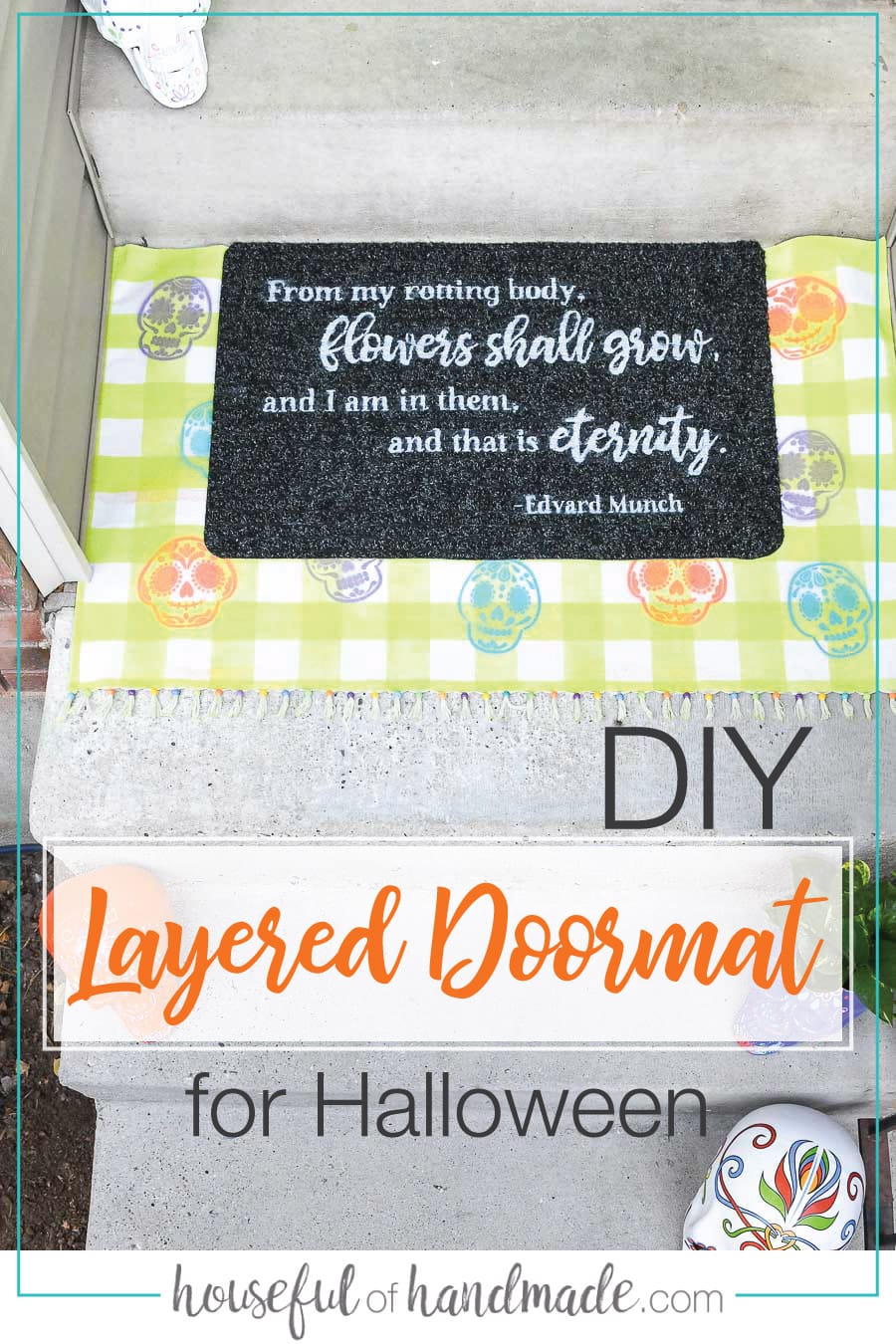 Day of the dead layered doormat on a porch.