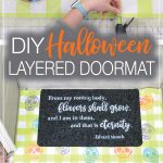 Picture showing how to add beads to the DIY layered doormat and picture of the finished doormat on the porch.