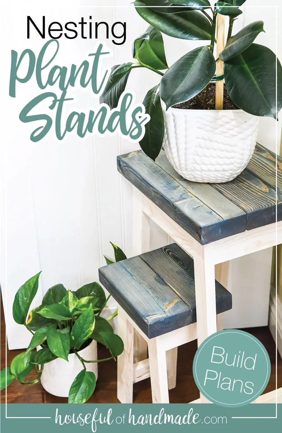 Close up view of the DIY nesting plant stands with text overlay. 