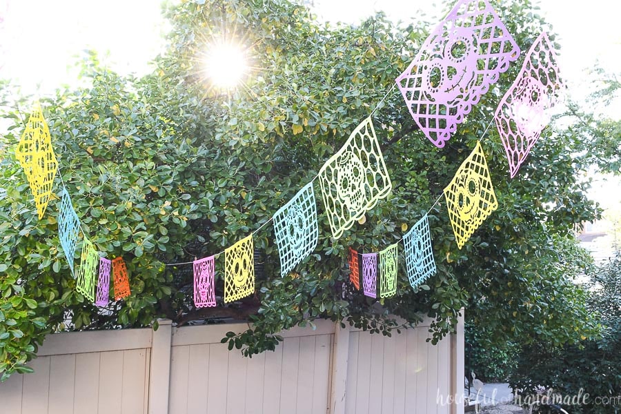 Sugar skull paper banners hanging on a cord between the house and a tree. 