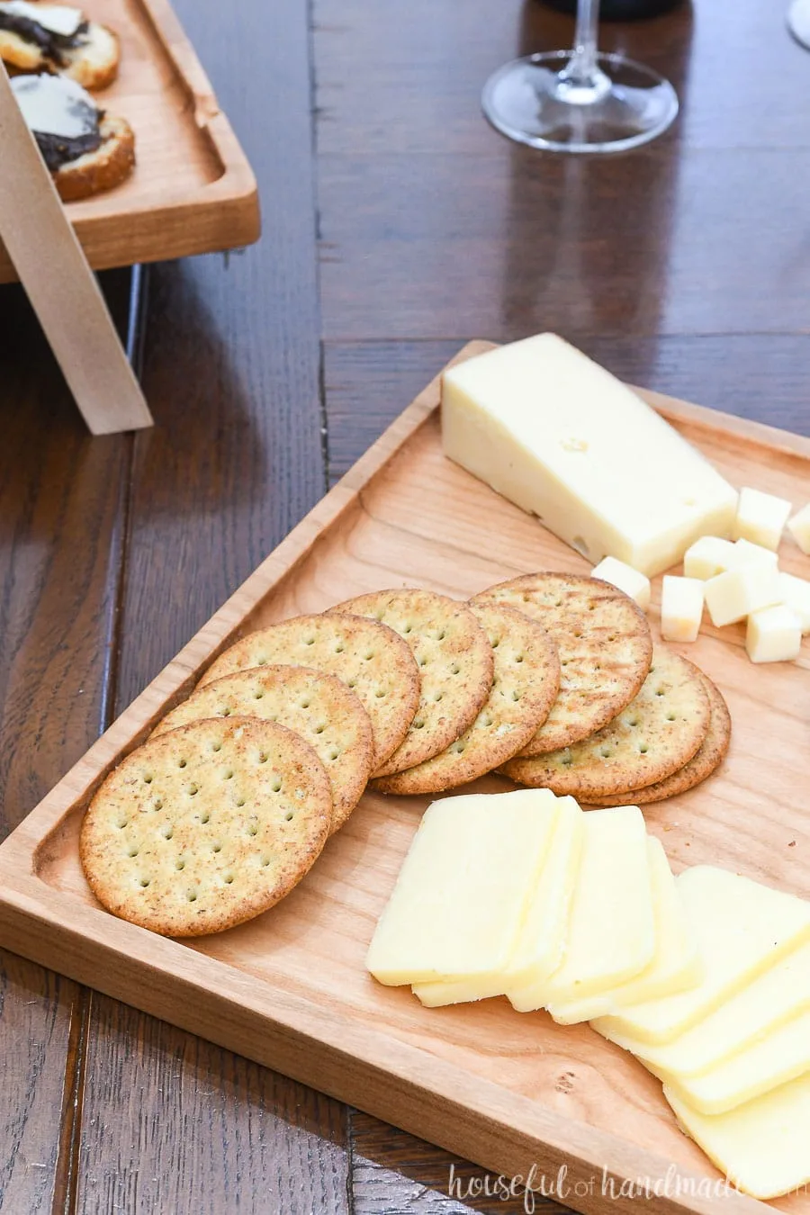 Close up of the cherry routed wood tray. 