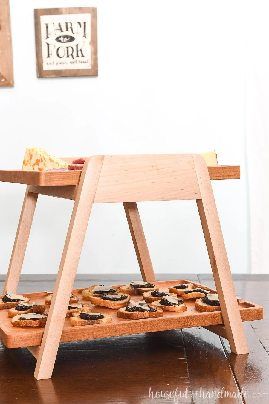 Two tier serving tray made from cherry and maple. 