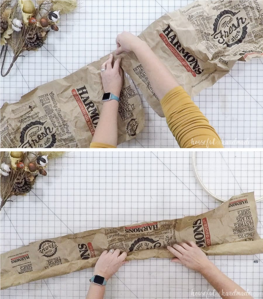 Turning 2 paper bags into a tube of brown paper for the DIY wreath. 