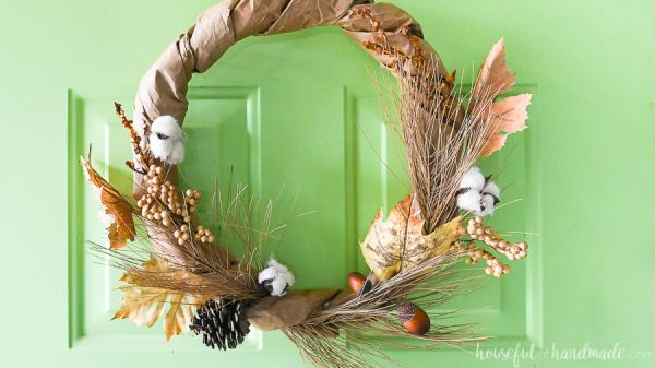 Horizontal close up of the upcylced paper bag wreath for fall.