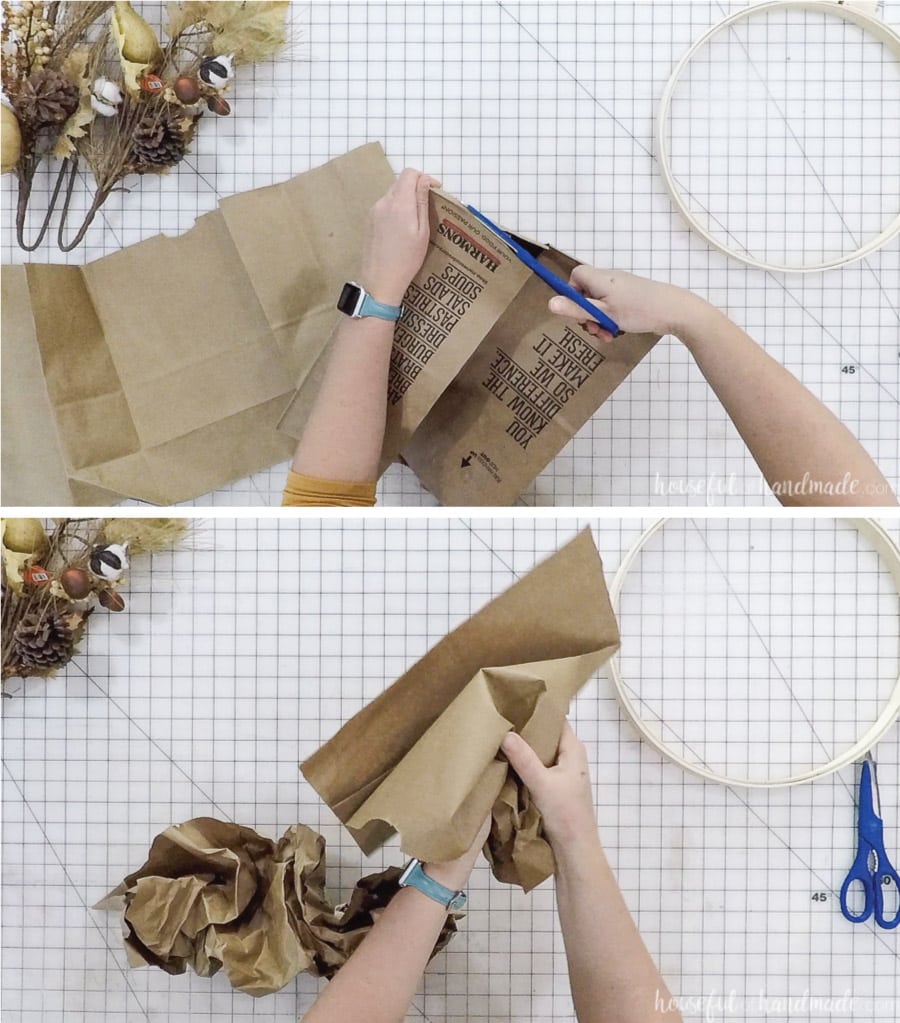 Cutting the paper bags open and crumbling them up to make a rustic wreath form.