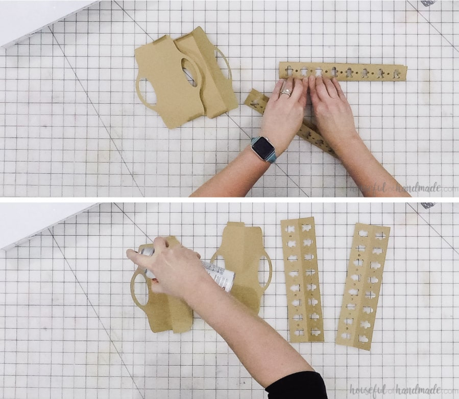 Folding along the dotted lines of the tray pieces and then adding spray glue to them.