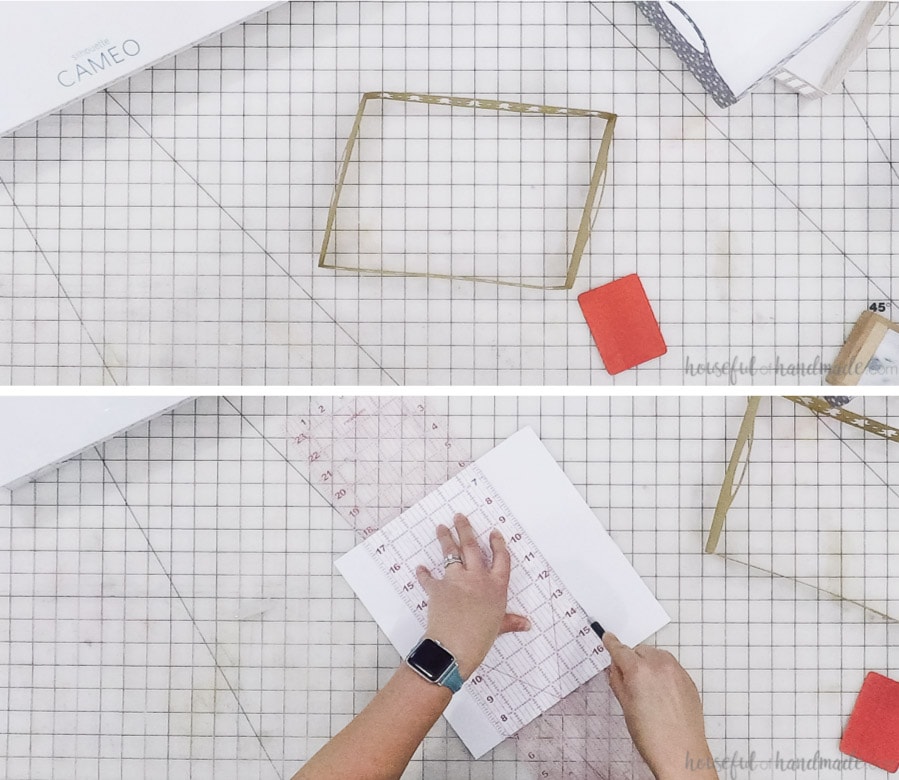 Cutting the foam board for the DIY tray bottom with an x-acto knife and ruler.