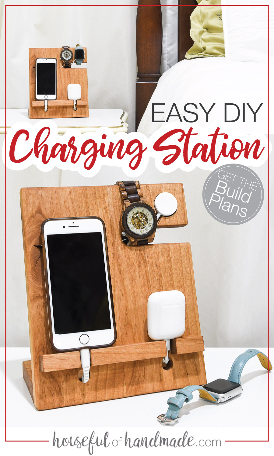 Two pictures of the nightstand valet charging station with word overlay. 