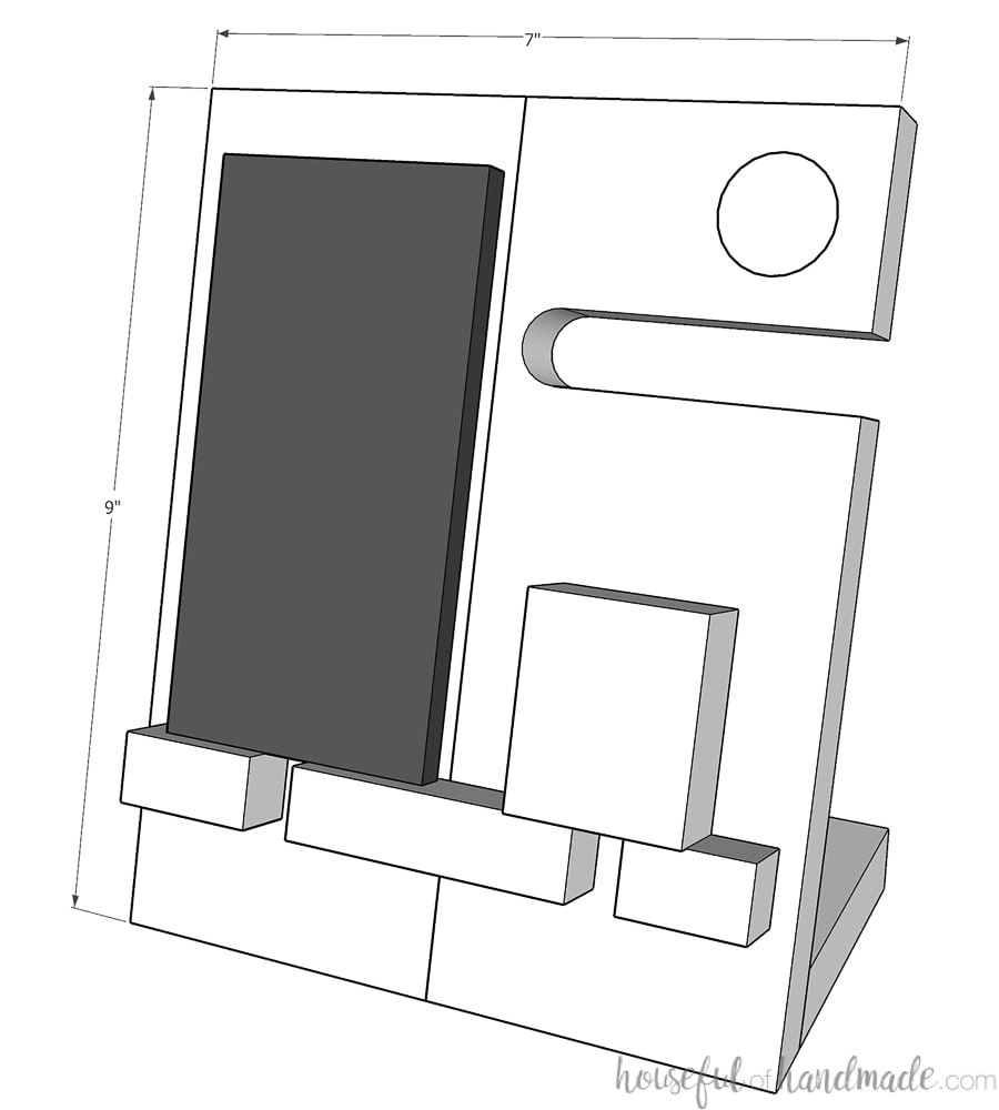 Sketchup drawing of the nightstand valet with measurements on it.