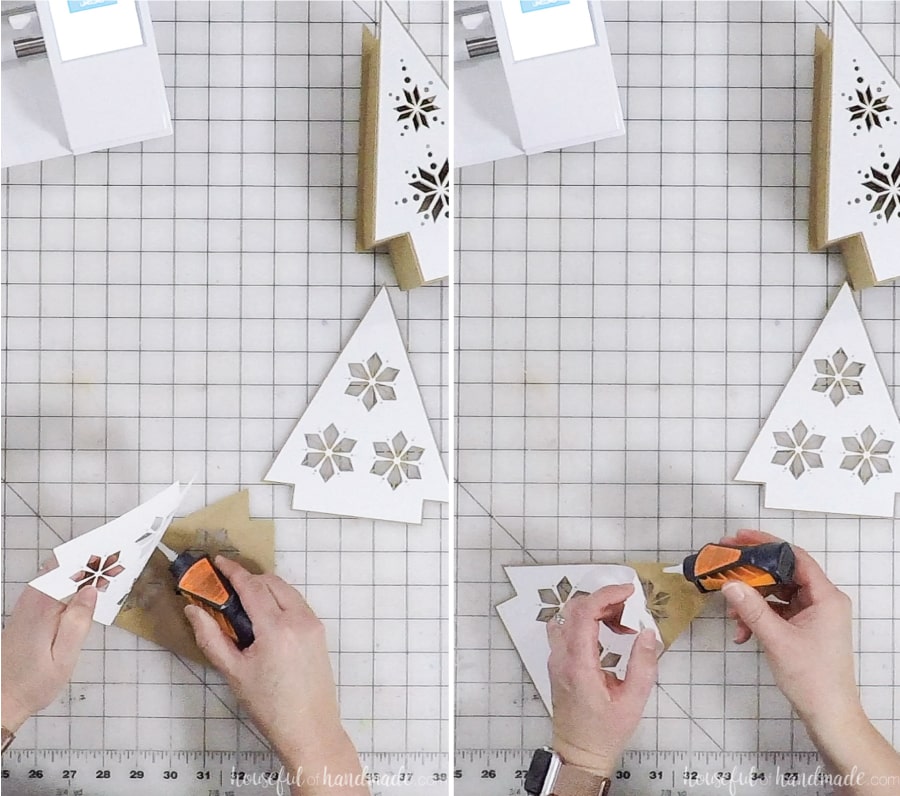 Glueing the layers together for the front and back of the paper lanterns.