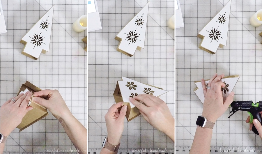 Glueing the back of the paper Christmas lantern onto the sides.