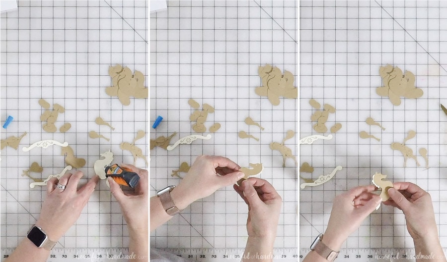 Pictures showing the steps of glueing the rocking horse body together.
