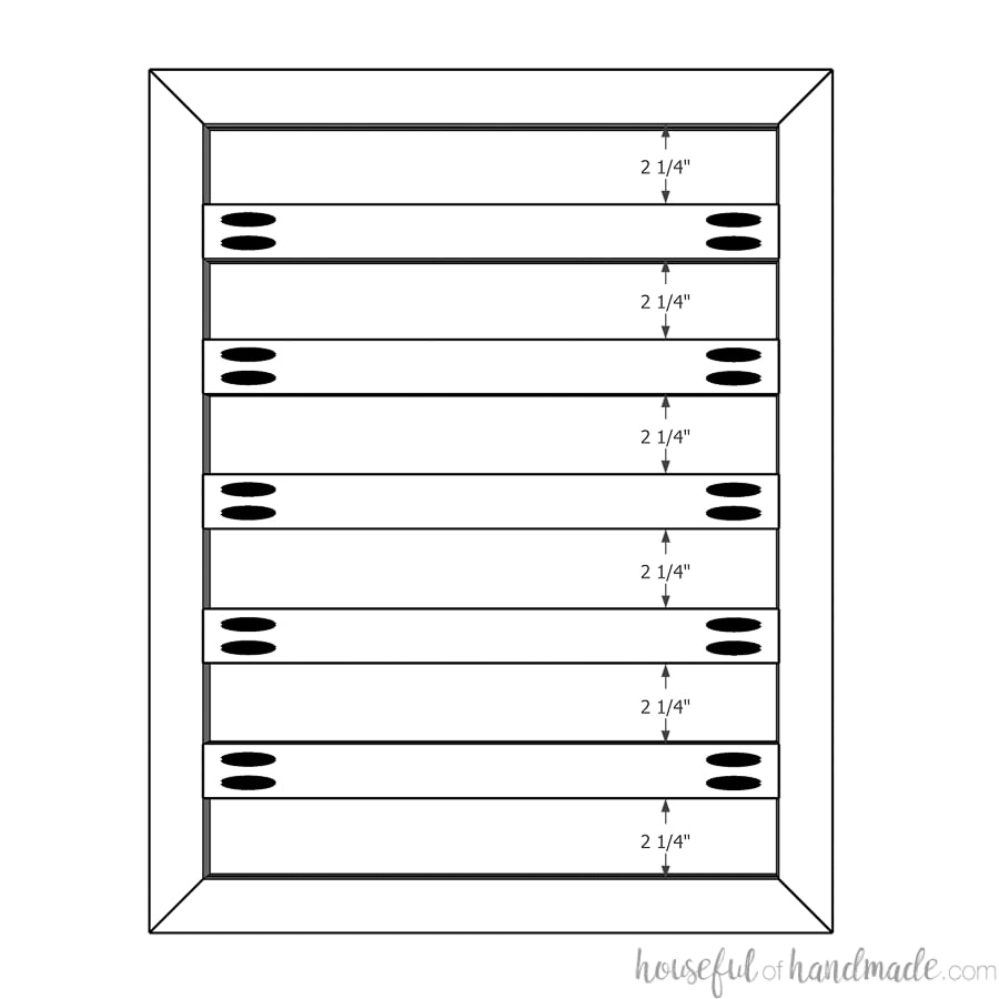 Sketchup drawing showing the spacing for attaching the slat boards to the frame.