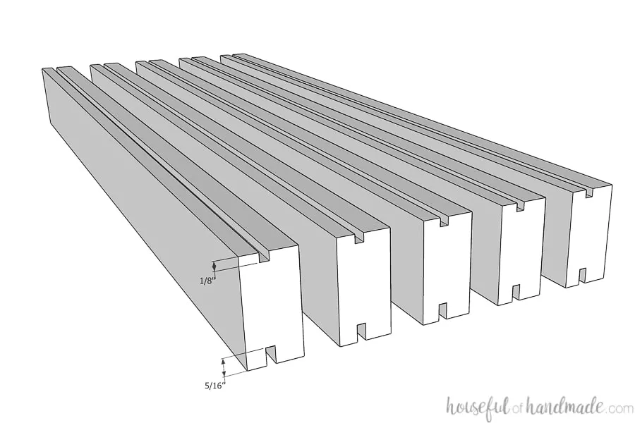 Picture showing the slats with the dimensions of the grooves cut in them.