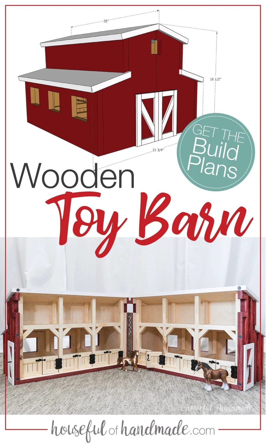 Sketchup drawing of the wooden toy barn plans and picture of the finished build opened up. 