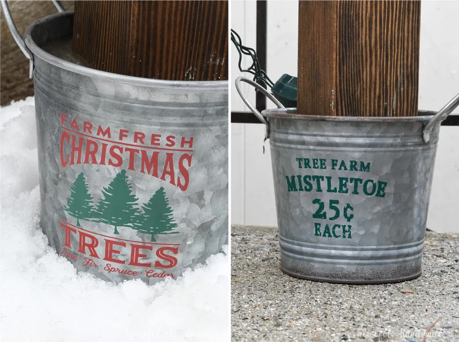 Close-up of the metal Christmas bucket bases on the wood Christmas trees. 
