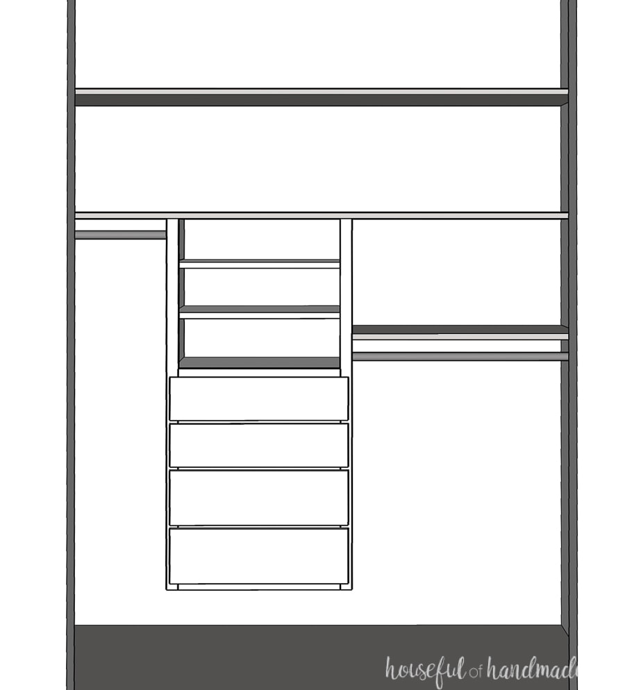 3D Sketchup drawing of the DIY closet organizer we are building for the kids closet makeover. 